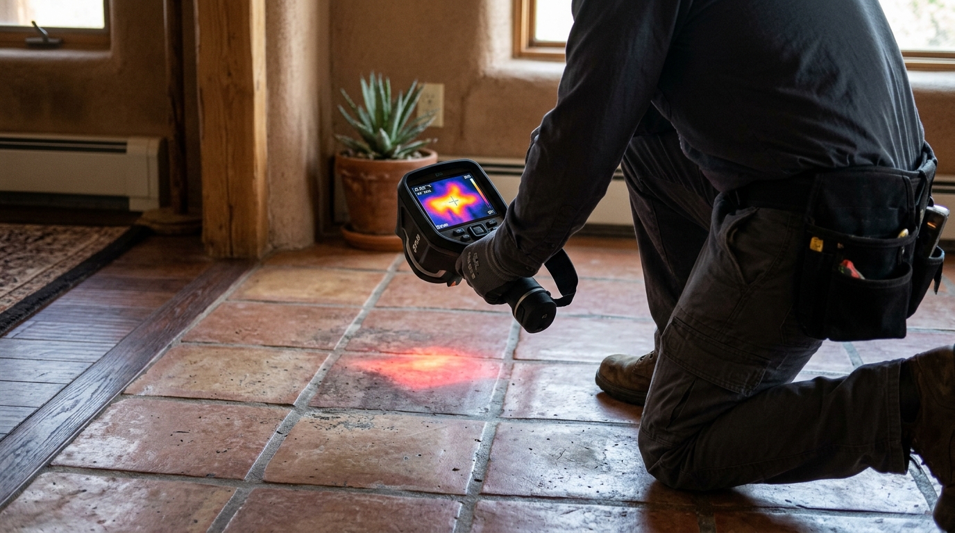 Thermal imaging scan revealing hot water leak under concrete slab