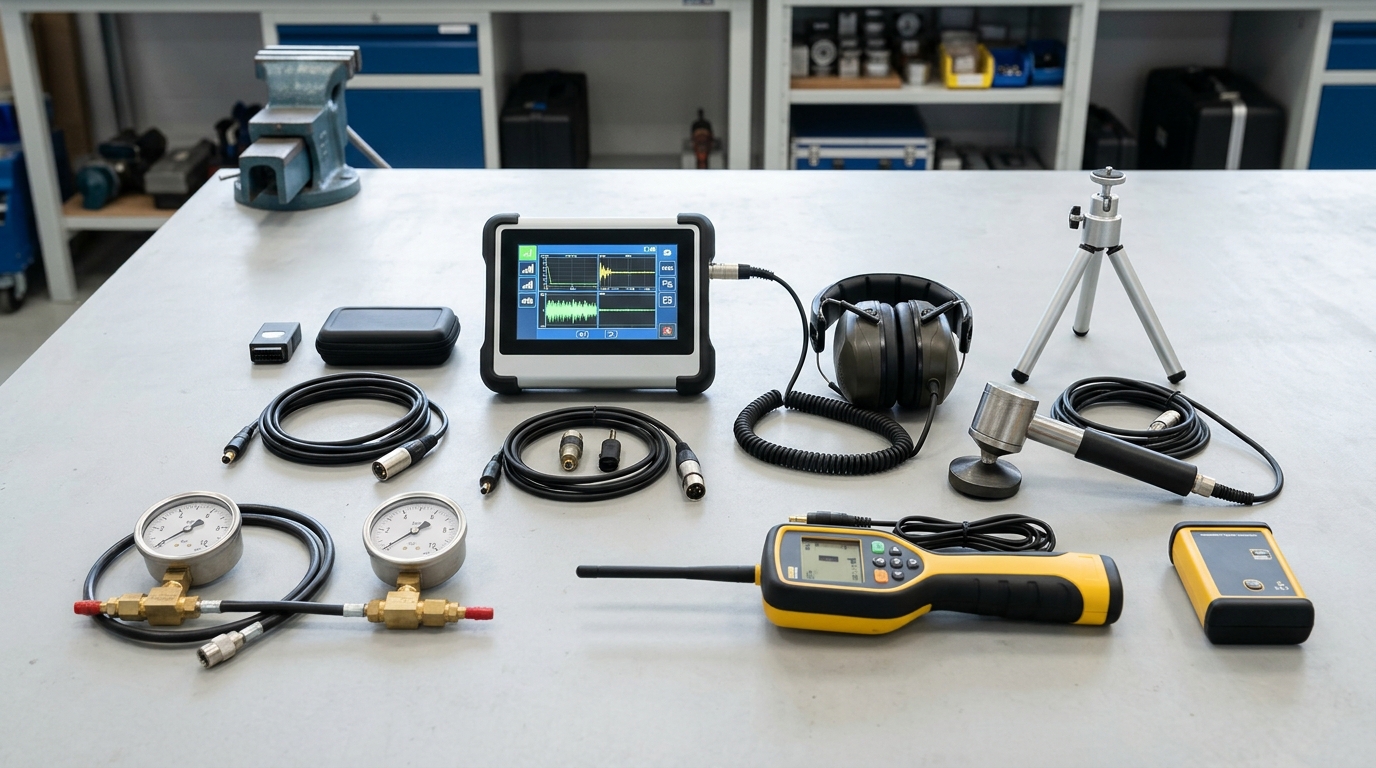 Acoustic electronic slab leak detection listening gear on concrete floor